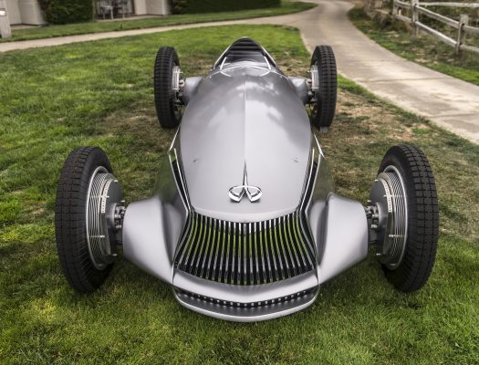 The INFINITI Prototype 9 is a celebration of Nissan Motor and INFINITI’s ingenuity, artistry and craftsmanship. It represents a reimagining of a 1940s race car with time-honored production techniques employed to realize its retro design.